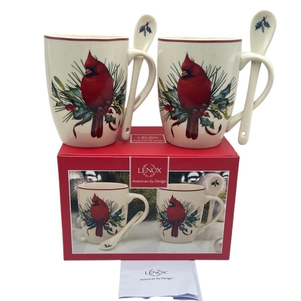 Lenox Winter Greetings Mug Set Two with Spoons Original Box by Catherine McLung